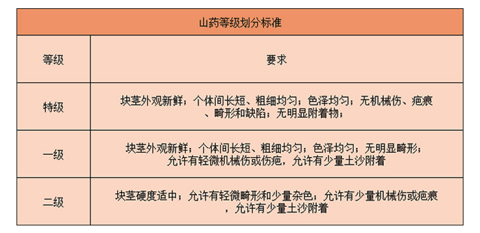 山藥入冷庫前的分級(jí)標(biāo)準(zhǔn)