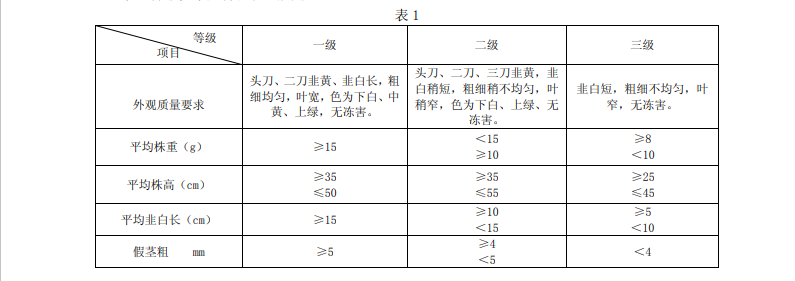 韭黃放冷庫前分級(jí)標(biāo)準(zhǔn)參考